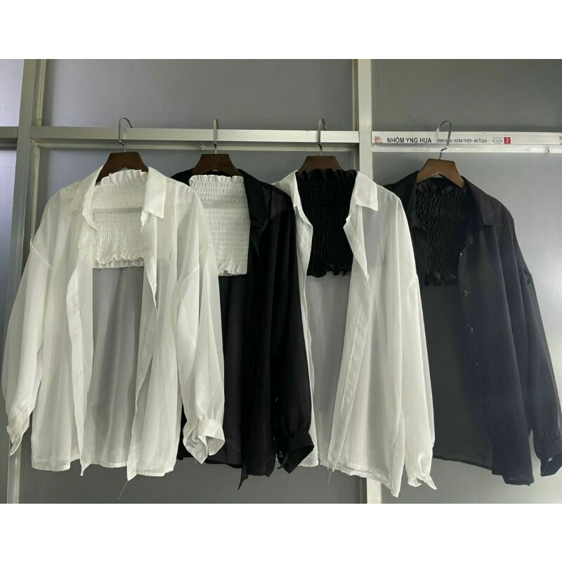 Set áo ống voan nhún kèm áo khoác sơ mi khoát nhẹ form rộng màu trơn basic - Mã: 62 TV-FASHION