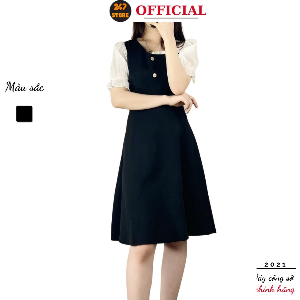 Đẫm công sở dáng chữ A thiết kế tay bồng vai lệch phối cúc gỗ 247Store vải 1 lớp không lộ