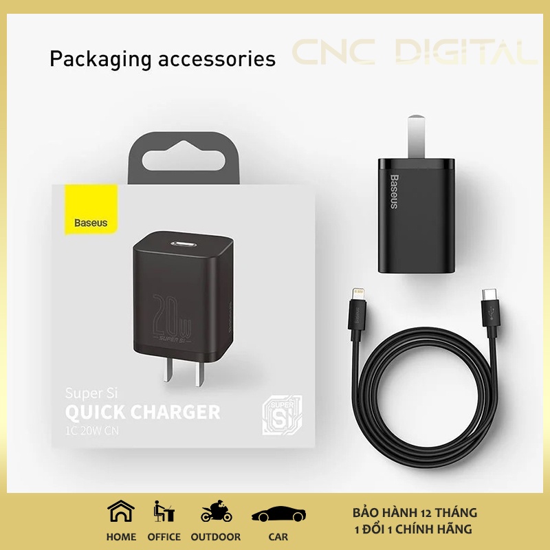 Bộ Sạc Baseus 20W PD Super Si Type C, Củ Sạc Nhanh QC3.0 Kích Thước Nhỏ Gọn Cho Android / iPhone 12 Pro Max