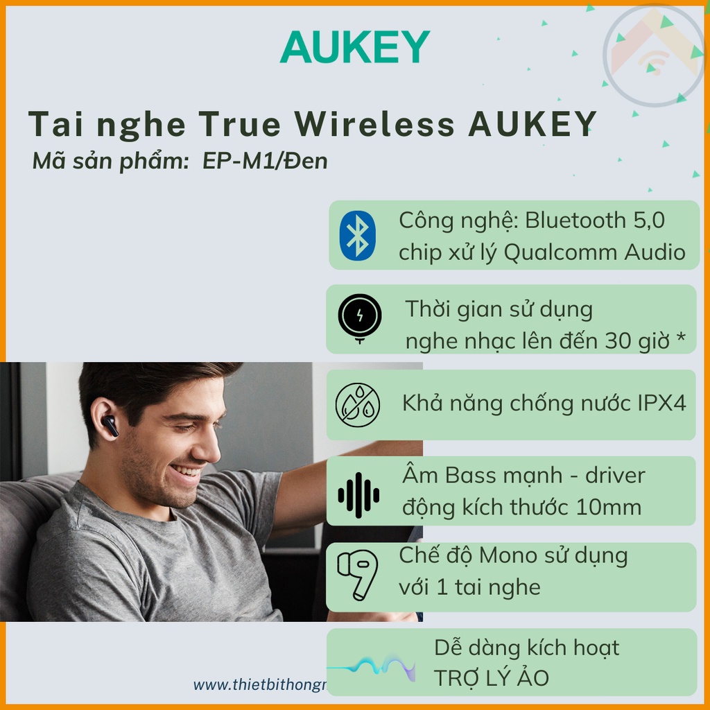Tai nghe không dây True-wireless Aukey EP-M1 bluetooth 5.0 chống nước IPX4 màu đen