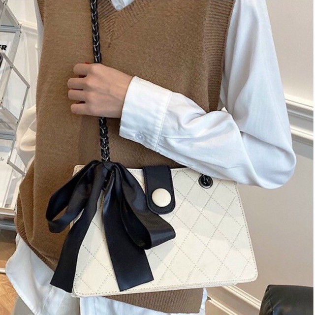 TÚI ĐEO CHÉO NỮ, KẸP NÁCH PHỐI NƠ DA SẦN ĐEO 2 KIỂU (CHÉO VÀ KẸP NÁCH)