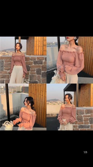 Croptop trễ vai nhún ngực