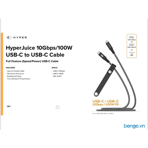 Cáp USB-C To USB-C 2m HyperJuice Data &amp; Charging 10Gbps + 100W - HD-CBG601