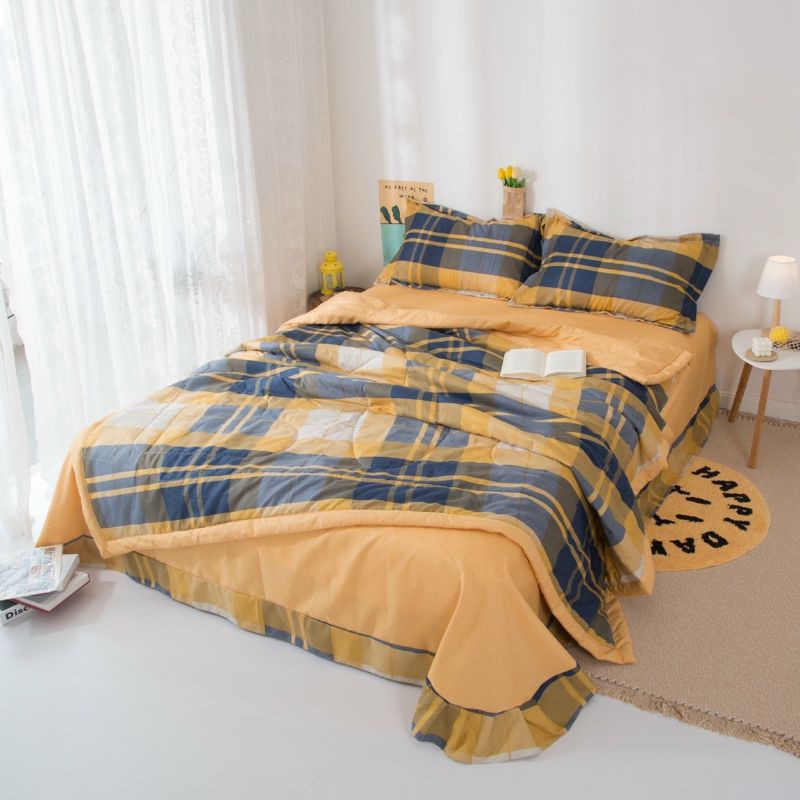 Bộ Chăn Ga Gối Đũi Caro Chăn Chần Hè. Chăn Ga Nhập Khẩu Phong Cách Hàn Quốc