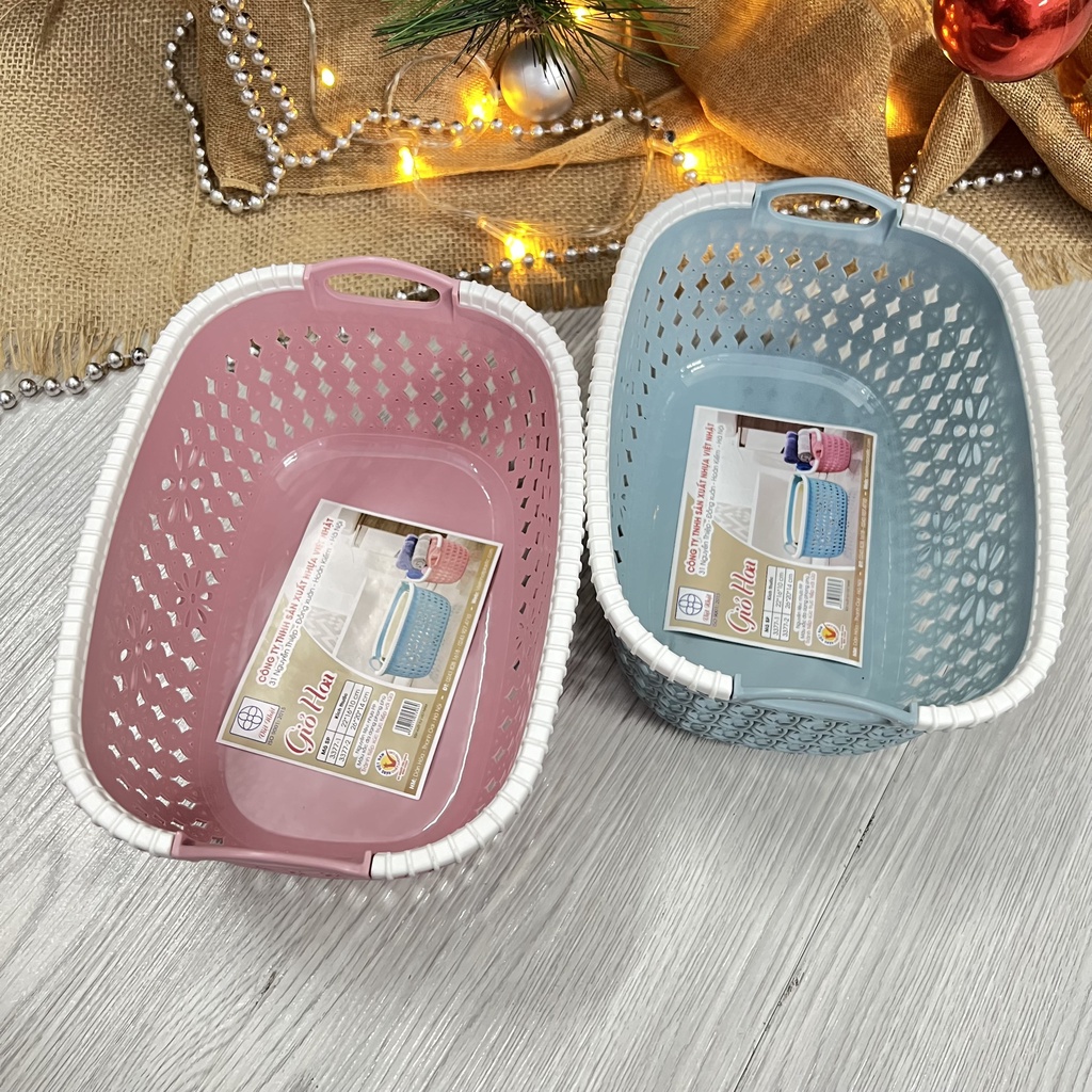 Rổ nhựa giả đan mây - Rổ nhựa chữ nhật đựng đồ có quai cầm màu pastel xinh xắn