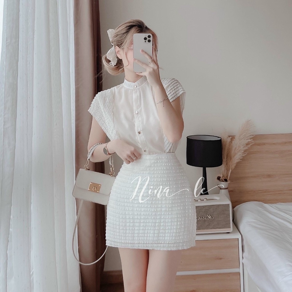 Set đồ nữ , set chân váy chữ A nữ kèm áo REN cộc tay cổ cao có nút