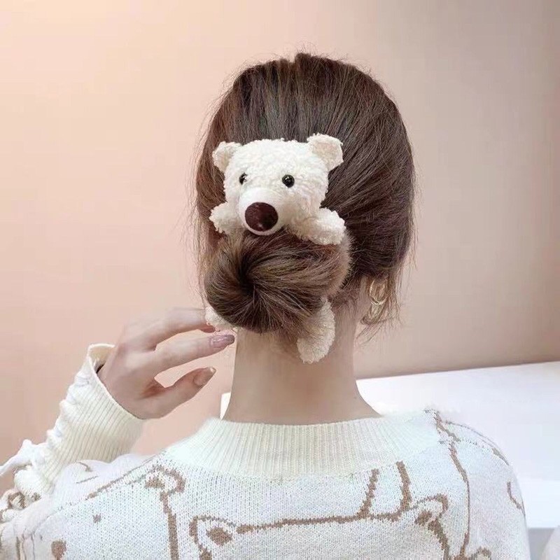 Dây cột tóc phối lông hình con gấu dễ thương