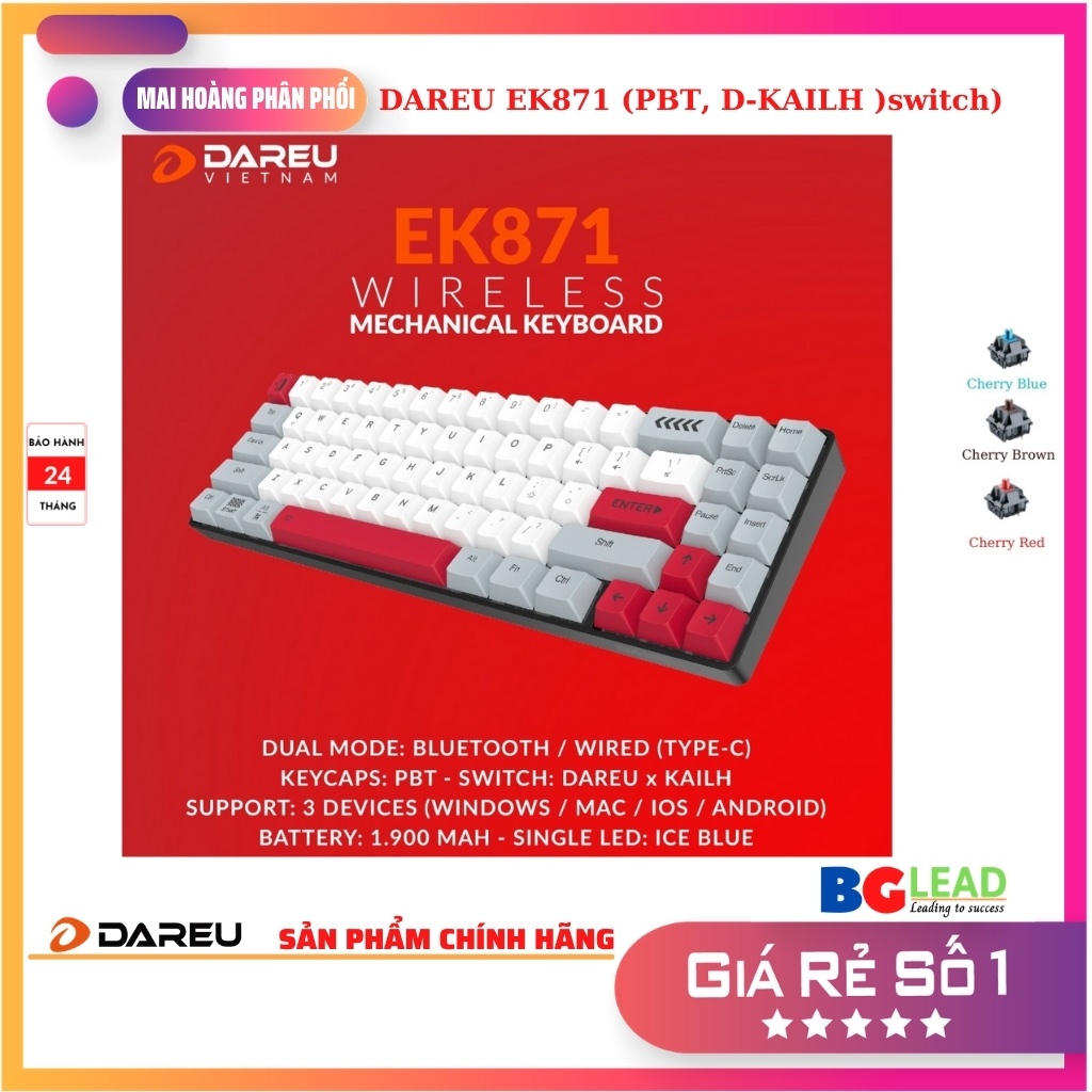 Bàn phím cơ không dây DAREU EK871 71 phím (PBT, Blue/ Brown/ Red D-KAILH switch)
