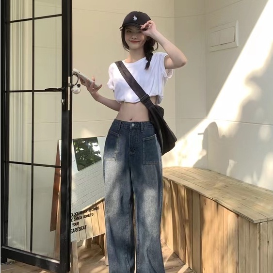 Quần Jeans Thể Thao Ống Rộng Phối Khóa Kéo Phong Cách Thời Trang Hàn Quốc Cho Nam Và Nữ Quần âu nam thể thao size lớn chân thẳng