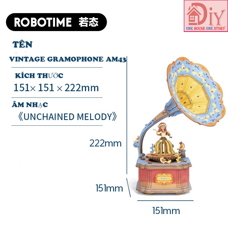 Mô hình lắp ráp bằng gỗ 3D DIY Mô hình Hộp âm nhạc VINTAGE GRAMOPHONE mã AM43 - Quà tặng tự làm bằng gỗ