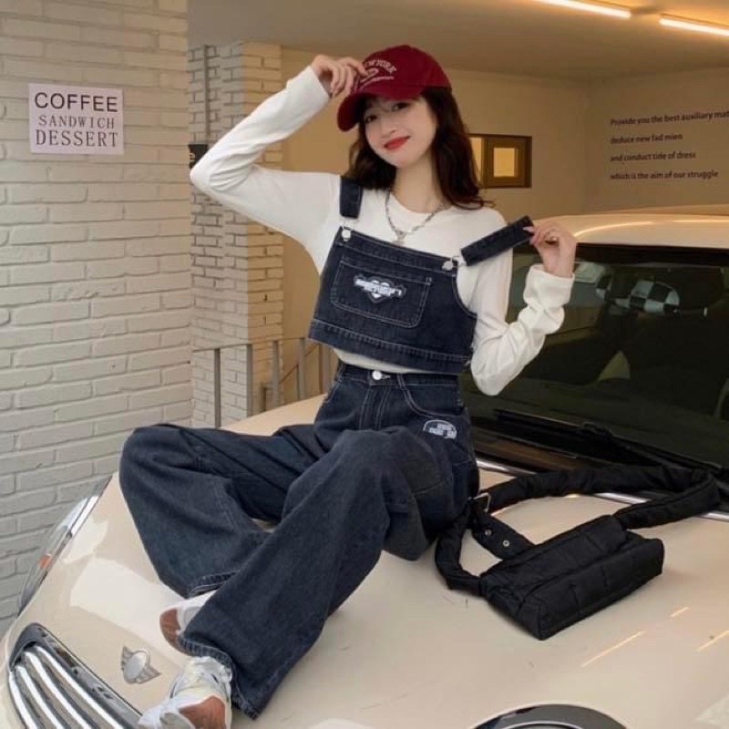 Set áo len trắng kèm áo hai dây jean denim croptop kèm quần jean dài ống suông đứng dày dặn - Order taobao quảng châu