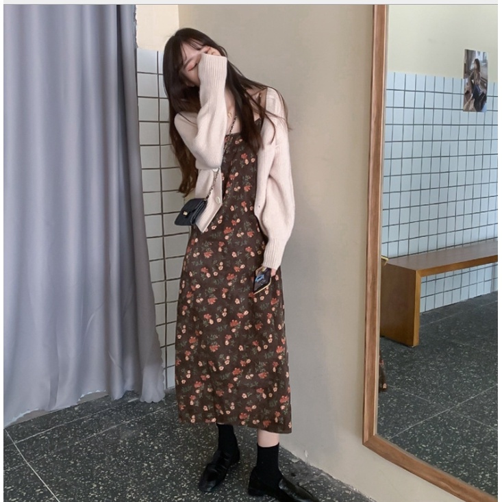 Váy hoa nhí nâu  hai dây nhung tăm phong cách trẻ trung nhẹ nhàng cô nàng tiểu thư