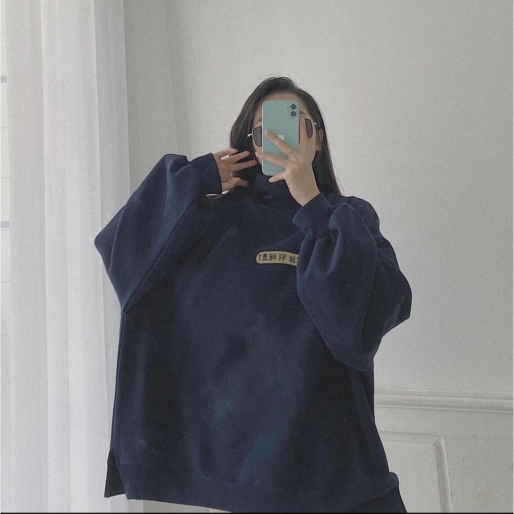 Áo Nỉ Cổ Cao Chữ Ngực Nữ MEESTORE - Sweater Cổ 3 Phân Dáng Rộng Tay Bồng Chữ Hàn Quốc Dáng Ullzang