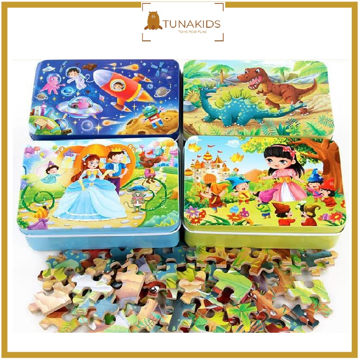 Bộ xếp hình cho bé 60 miếng puzzle bằng gỗ hộp sắt TunaKids