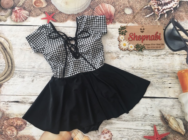 Đồ bơi bikini 1 mảnh có tay liền váy caro | BigBuy360 - bigbuy360.vn