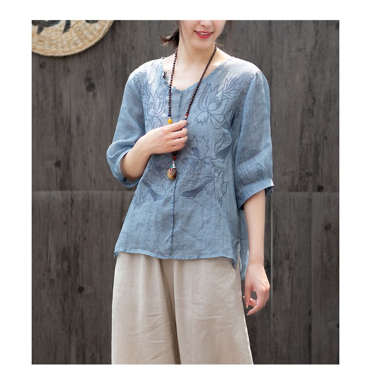 Áo Thun 100% Cotton Mỏng Tay Ngắn Thoáng Khí Thêu Hình Hoa Sen Phong Cách Retro  100% Cotton Cho Nữ 2022