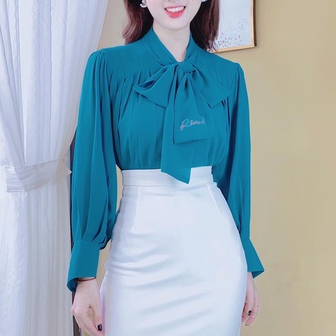 Áo sơ mi tay dài vải chiffon cổ thắt nơ in chữ Revenel CHUU A6998