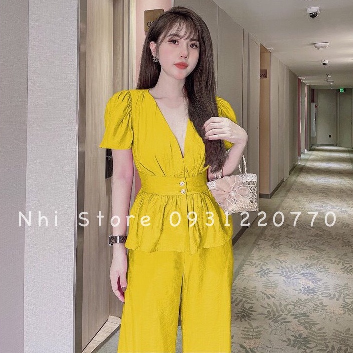 [FREESHIP 50Kg] Set Bộ Kiểu Nhistore -Bộ Quần Dài Ống Rộng Áo Cổ Đắp Tay Phồng Vải Gân Xước Freesize Dưới 57kg