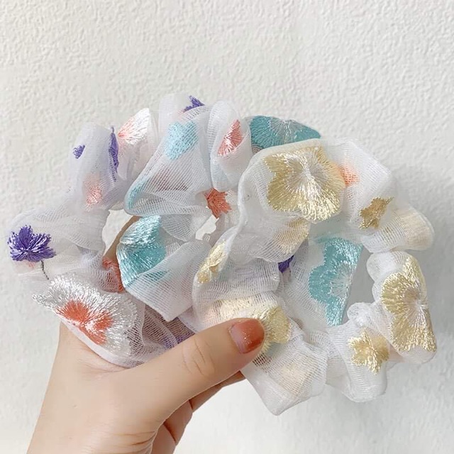 Chun cột tóc Scrunchies hoa thêu lưới dịu dàng