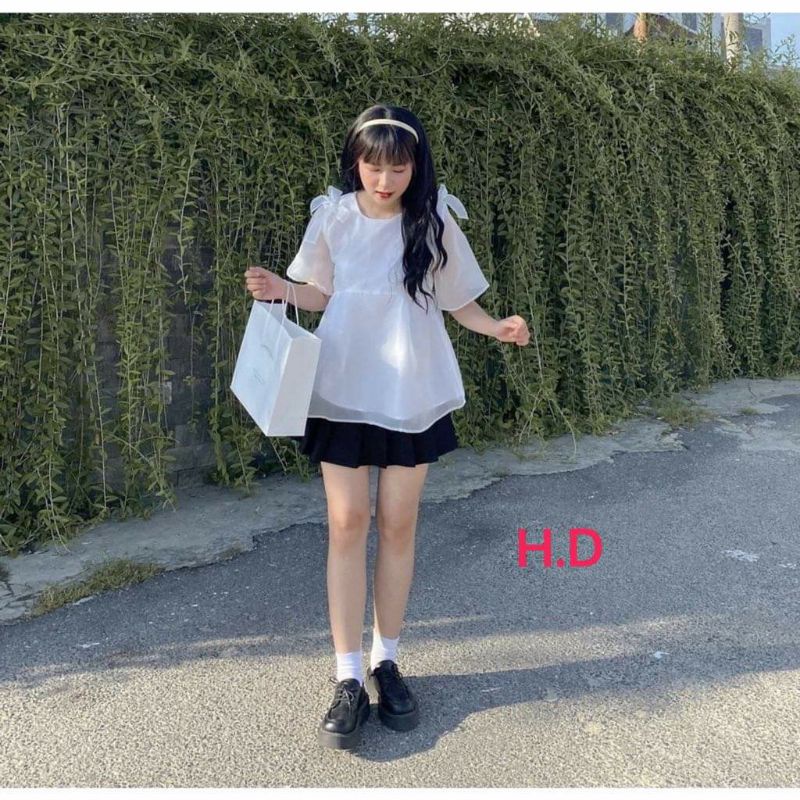 Áo Bbd Voan Tay Cộc Nơ Vai Vải Voan Tơ Đũi 2 Lớp Loại 1❤️Áo Công Chúa Vintage đi chơi, dự tiệc dành cho nữ