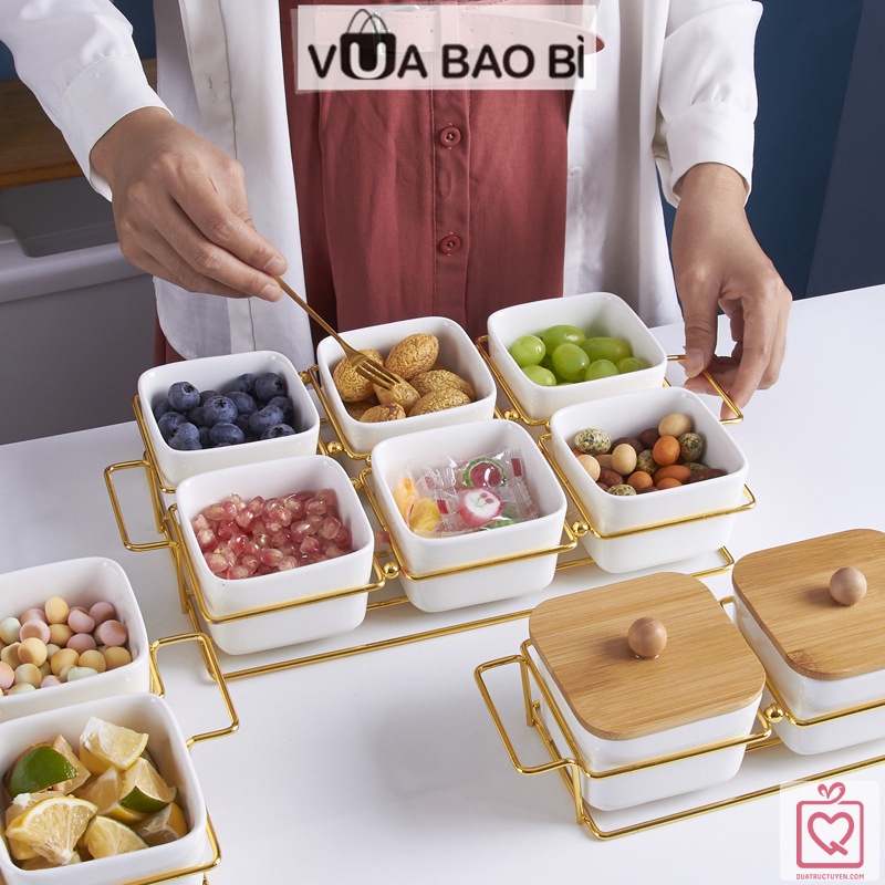 Khay mứt tết Nắp Gỗ-hũ đựng hạt hoa quả để bàn giá sắt sang trọng bày trí phòng khách Vua Bao Bì