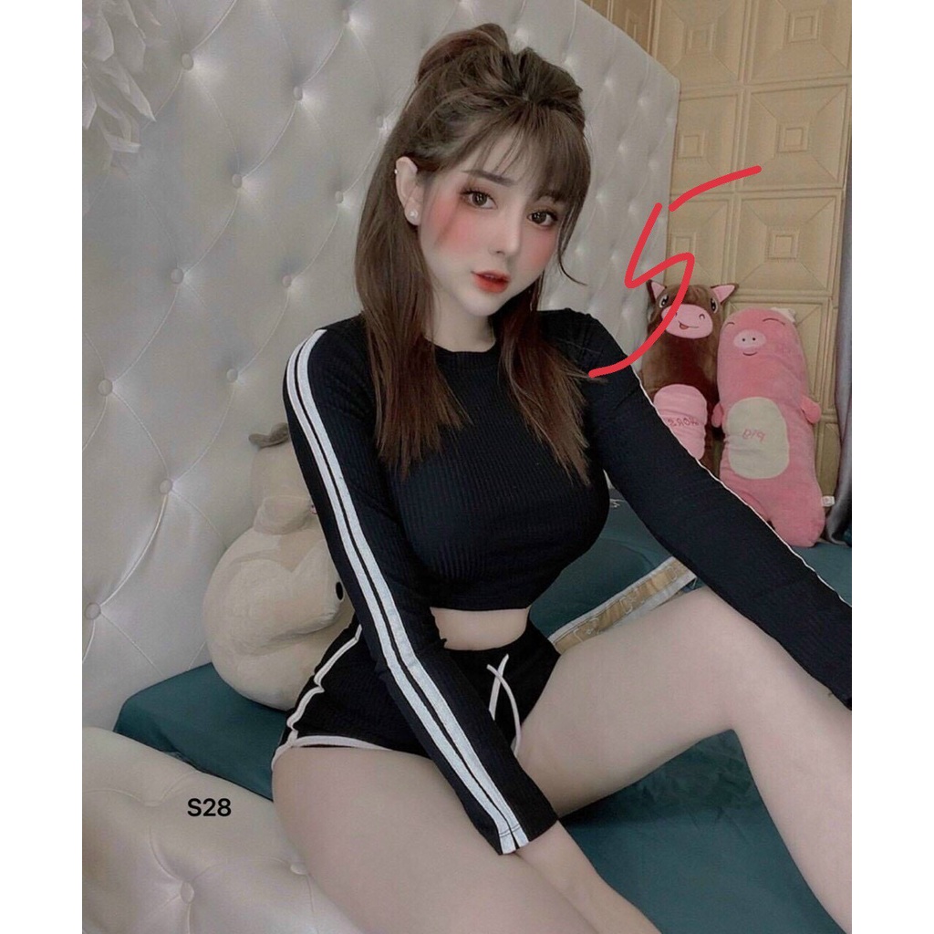 Sét Bộ Short Đùi Croptop Body Tay Dài Cổ Trồng Phối Sọc Phong Cách Fshion TTKXA0184