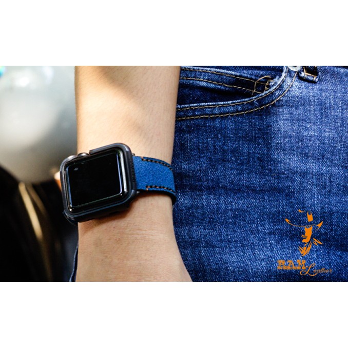 Dây apple watch da bò xanh coban handmade cực chất cực đẹp RAM Leather  1963 - tặng khóa chốt và adapter