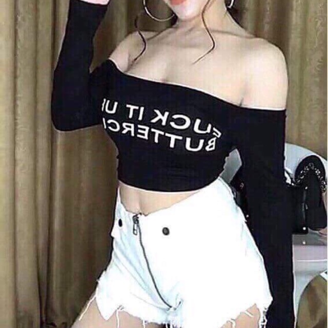 Áo croptop trễ vai dài tay thun gân dày- hình thật cuối album