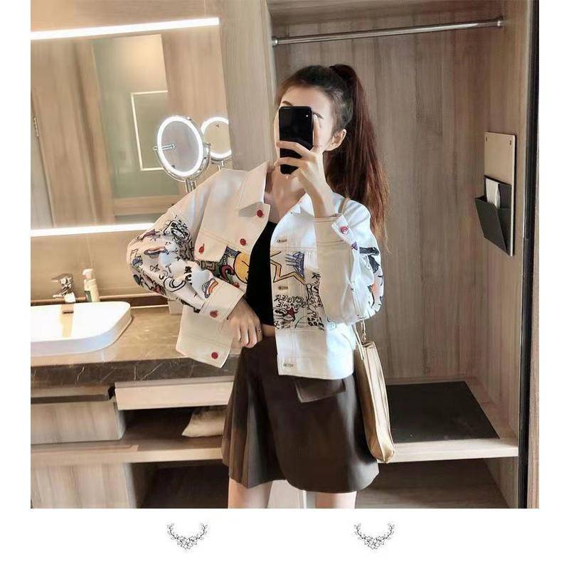 Áo Khoác Denim Ngắn Dáng Rộng In Họa Tiết Graffiti Phong Cách Hàn Quốc Cho Nữ