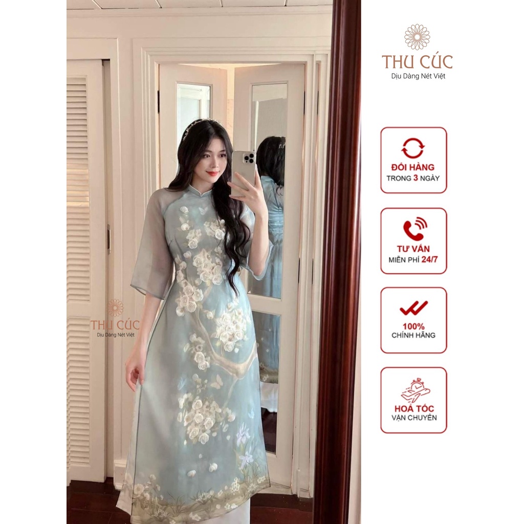 Áo Dài Cách Tân Thu Cúc  Đính Hoa Cao Cấp Màu Xanh Ngọc Mềm Mịn Thoáng Mát