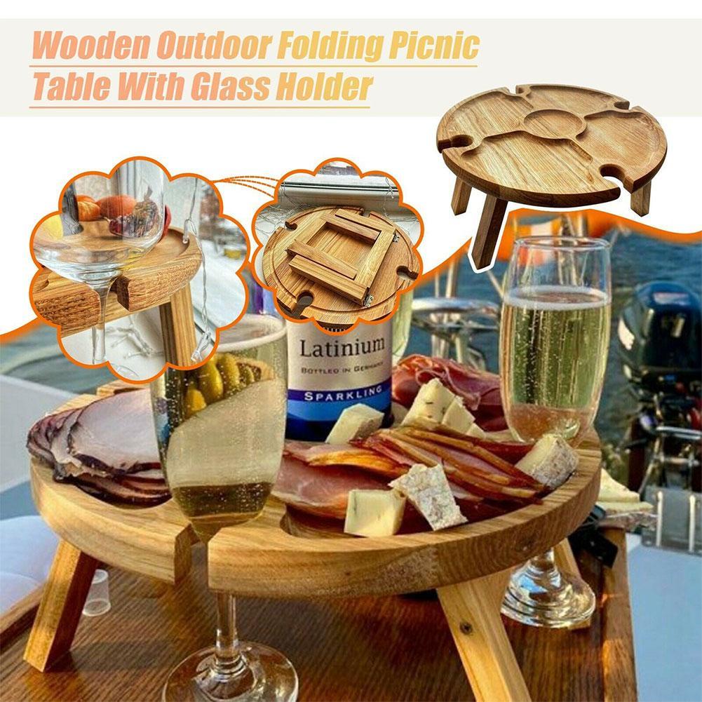 Wooden Outdoor Folding Picnic-table With Glass Holder 2 In 1 Wine Glass Rack Outdoor Wine Table Wooden Table Easy To Carry Wine