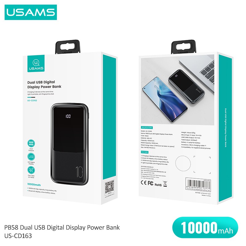Sạc Dự Phòng USAMS PD 22.5W QC3.0 10000mAh Màn Hình Kỹ Thuật Số Cho Điện Thoại / Máy Tính Bảng / Laptop