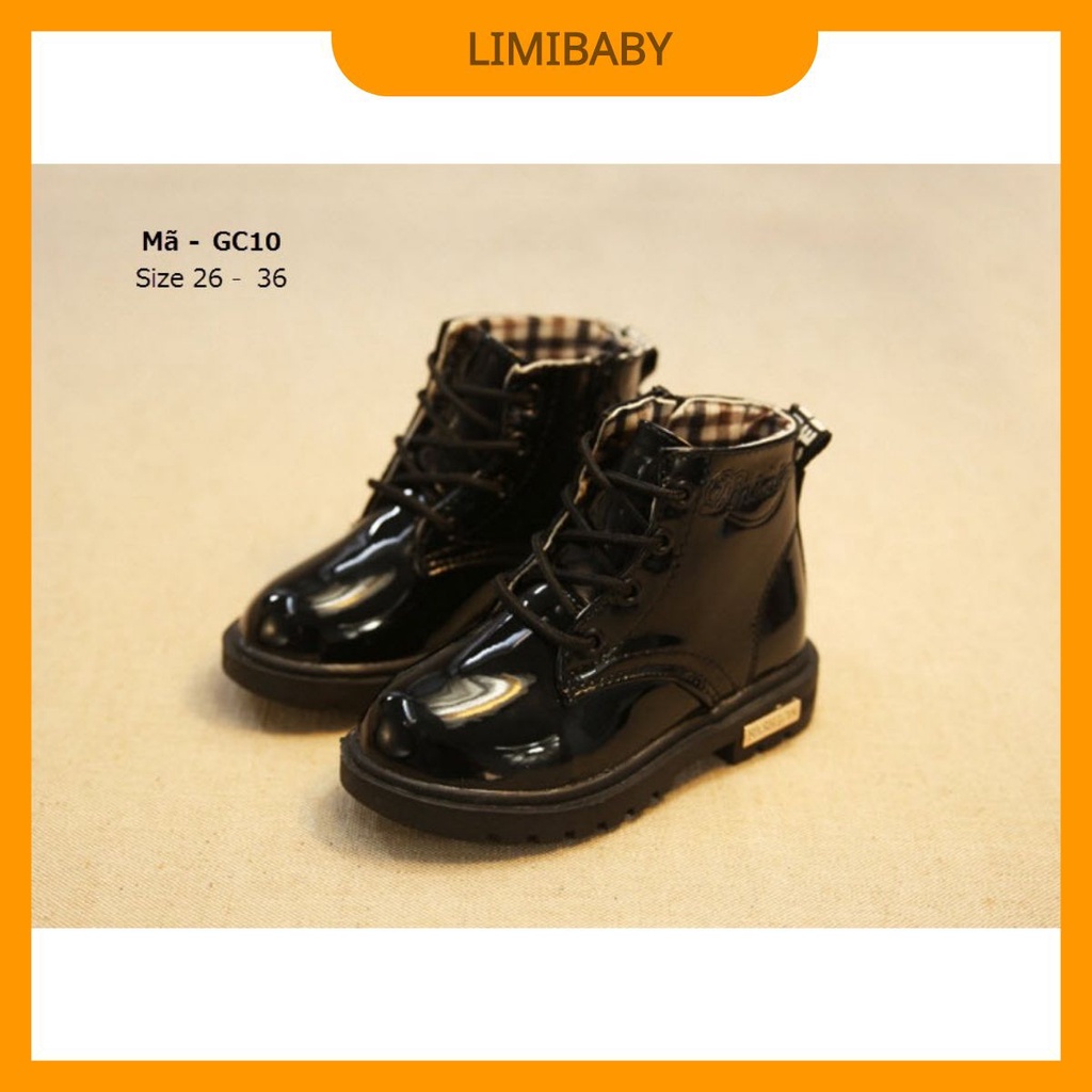 Giày bốt cổ cao bé trai bé gái màu đen da bóng sành điệu cho trẻ em đi tiệc diễn thời trang văn nghệ LIMIBABY GC10
