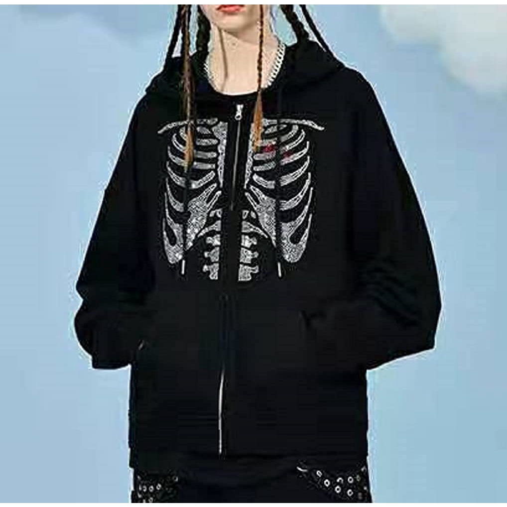 Áo Hoodie Có Dây Kéo 90s Họa Tiết Đầu Lâu Đính Đá Thời Trang Cho Nữ