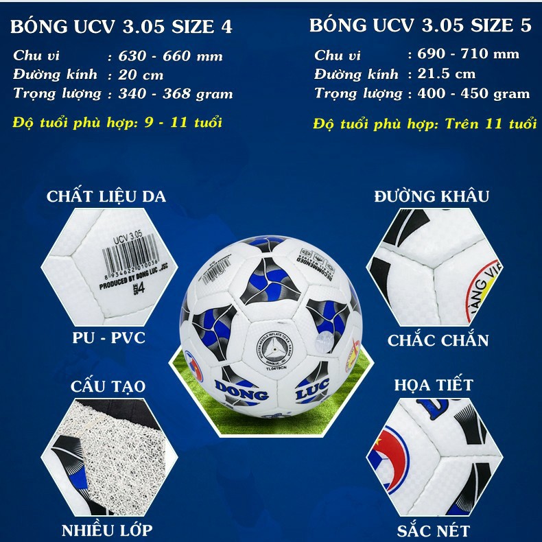 [CHÍNH HÃNG] Bóng đá Động Lực Cơ bắp UCV 3.05 số 5 (Tiêu chuẩn thi đấu) - tặng kèm kim bơm + túi lưới đựng bóng