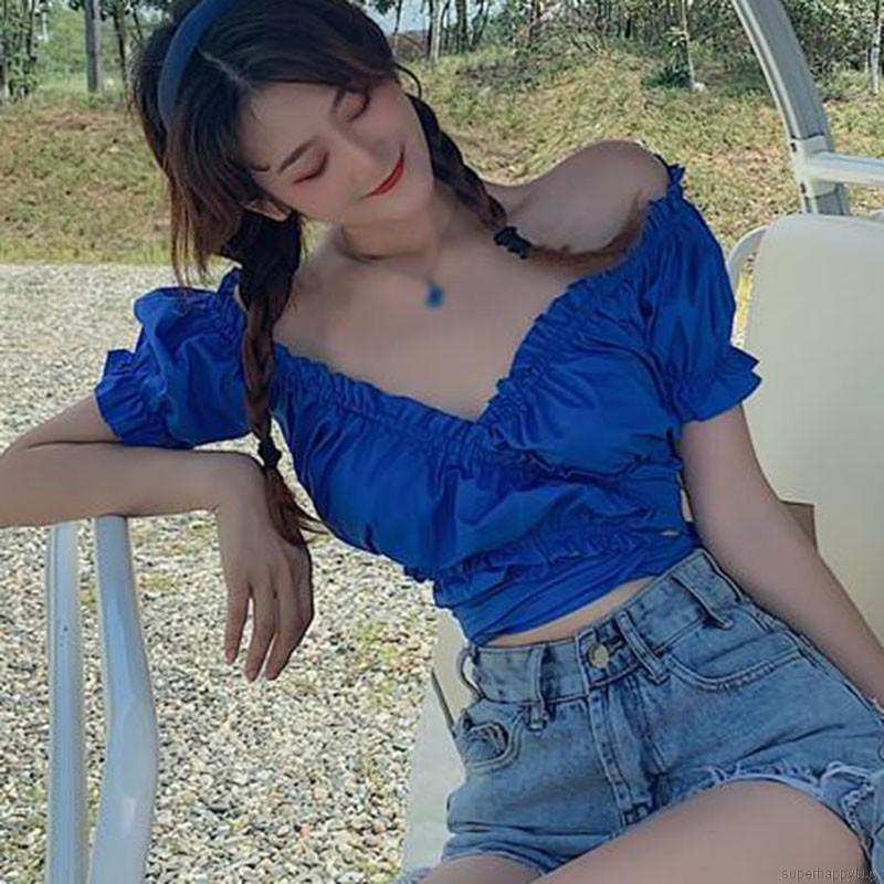 Áo Crop Top Tay Ngắn Cổ Chữ V Màu Trơn Gợi Cảm Sành Điệu Cho Nữ