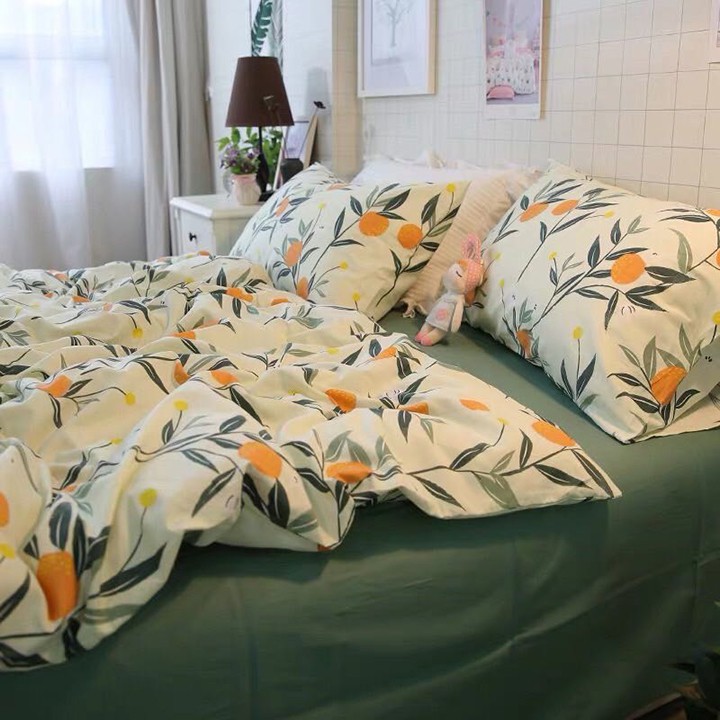 Bộ chăn ga gối , drap giường chất COTTON Hàn Quốc họa tiết hoa cam