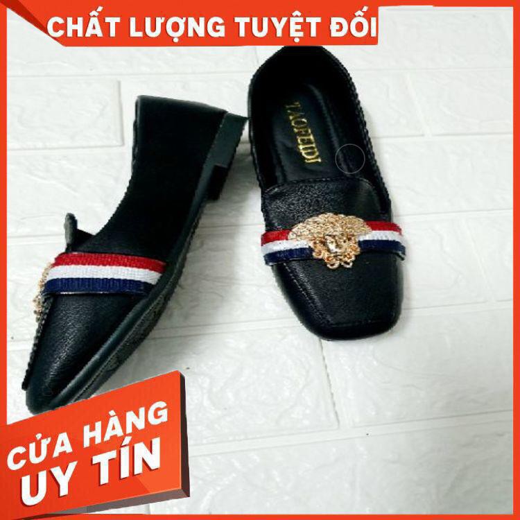 Giày Bệt Giày Búp Bê Đế Bằng 3 sọc ngang Mũi vuông đính tượng giá rẻ thời trang Hahashop