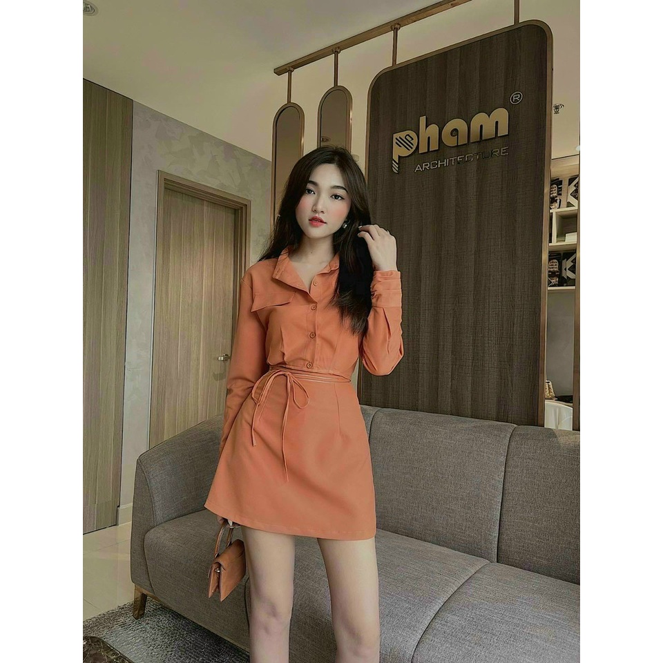 (Sale FreeShip) Sét thiết kế nữ áo sơ mi tay dài túi hộp quấn dây eo phối chân váy from A hàng chuẩn shop có 4 màu hottr