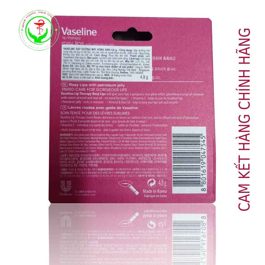 Son dưỡng môi Vaseline dạng thỏi Lip Therapy Stick: Mềm Mịn Original và Hồng Xinh Rosy Lips 4.8g