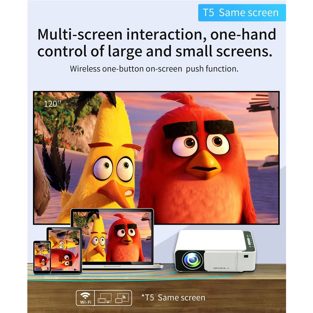 Máy Chiếu T5 KẾT NỐI KHÔNG DÂY Có Độ Phân Giải 1080P. Tặng Kèm Dây HDMI và Dây Audio 3.5