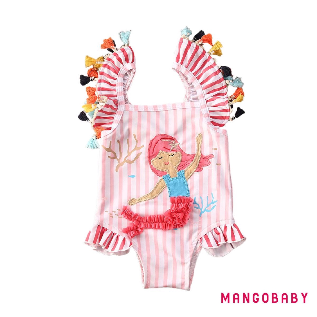 ♬MG♪-Baby Girls Striped Sleeveless Tassel Ruffle Cartoon Cute Mermaid Pattern Bathing Suit