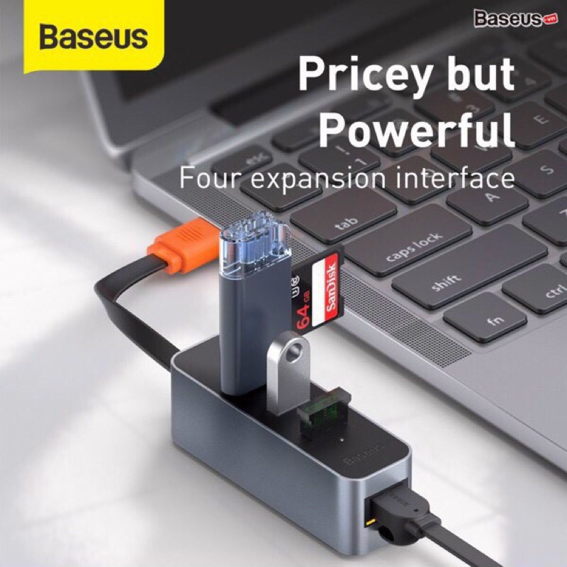 Bộ HUB chuyển đổi đa dụng Baseus Steel Cannon Series HUB Adapter ( USB A to USB3.0*3 + RJ45 LAN Network Connector)