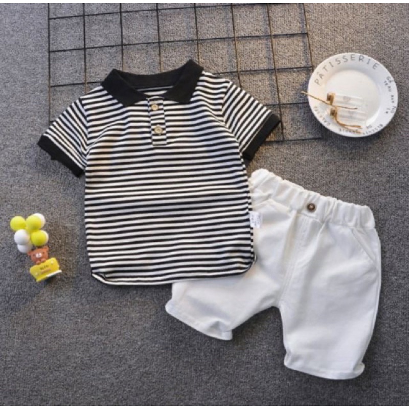 Set áo Polo kẻ bé trai