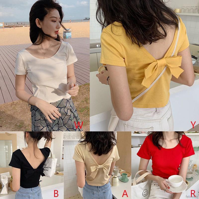 Áo thun dệt kim tay ngắn phối nơ lưng thiết kế hở lưng quyến rũ