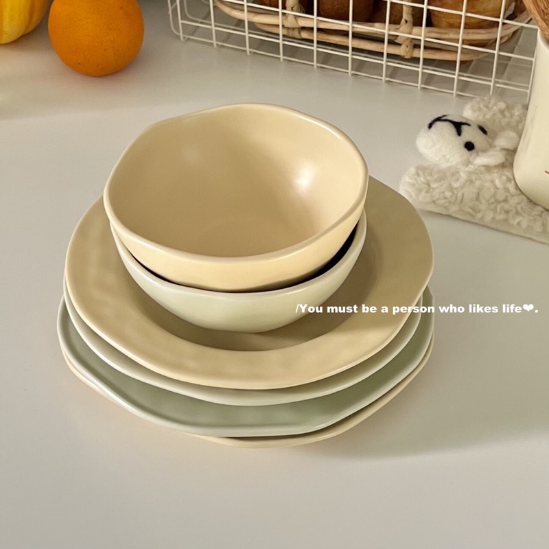 Set bát đĩa gốm sần cao cấp viền lượn pastel cao cấp Bonmi