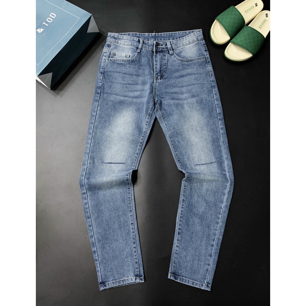 Quần jean nam ống suông màu xanh dương rách gối cá tính chất bò co giãn bốn chiều thời trang cao cấp VBSHOP