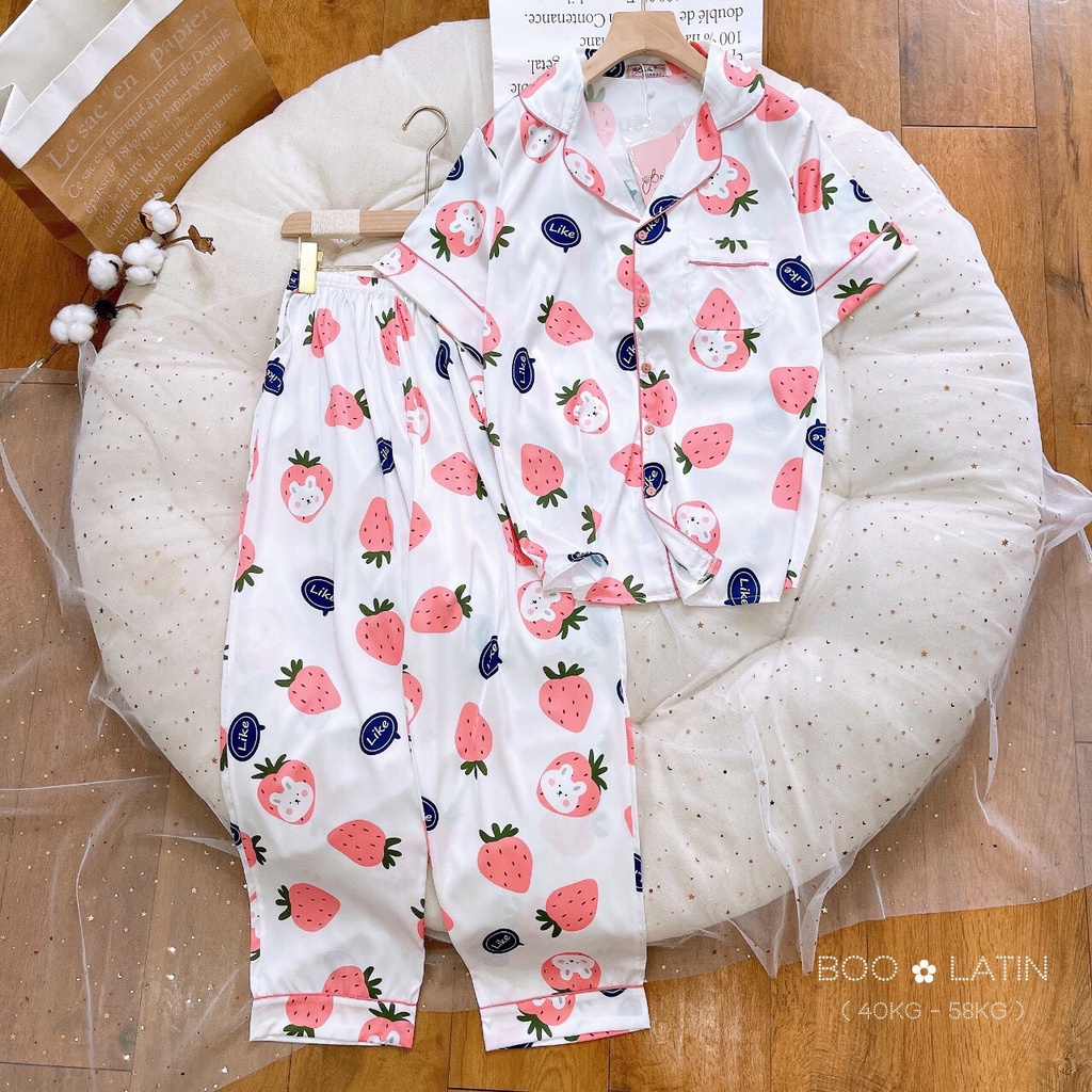 Đồ bộ nữ mặc nhà lụa latin cao cấp cổ pijama - Trái dâu
