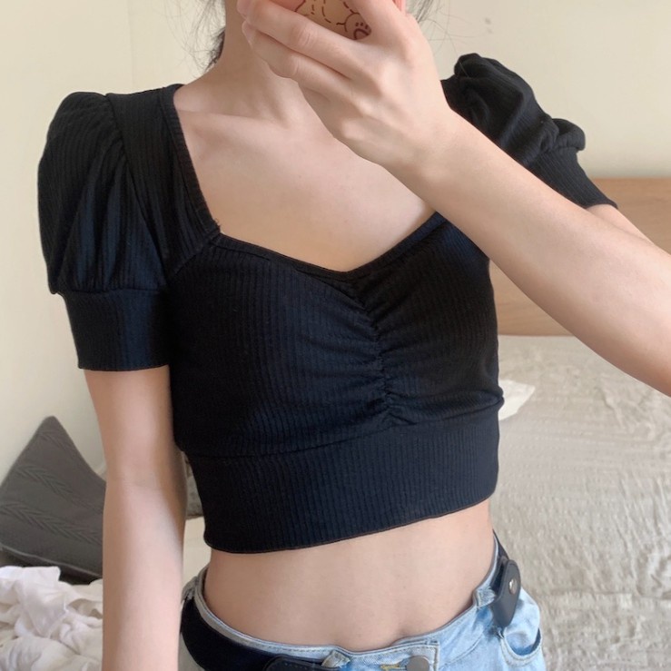 Happy-store ❤️ Áo croptop Tay Ngắn trễ vai xinh xắn dành Hàn Quốc 2 Màu Tùy Chọn Cho Nữ