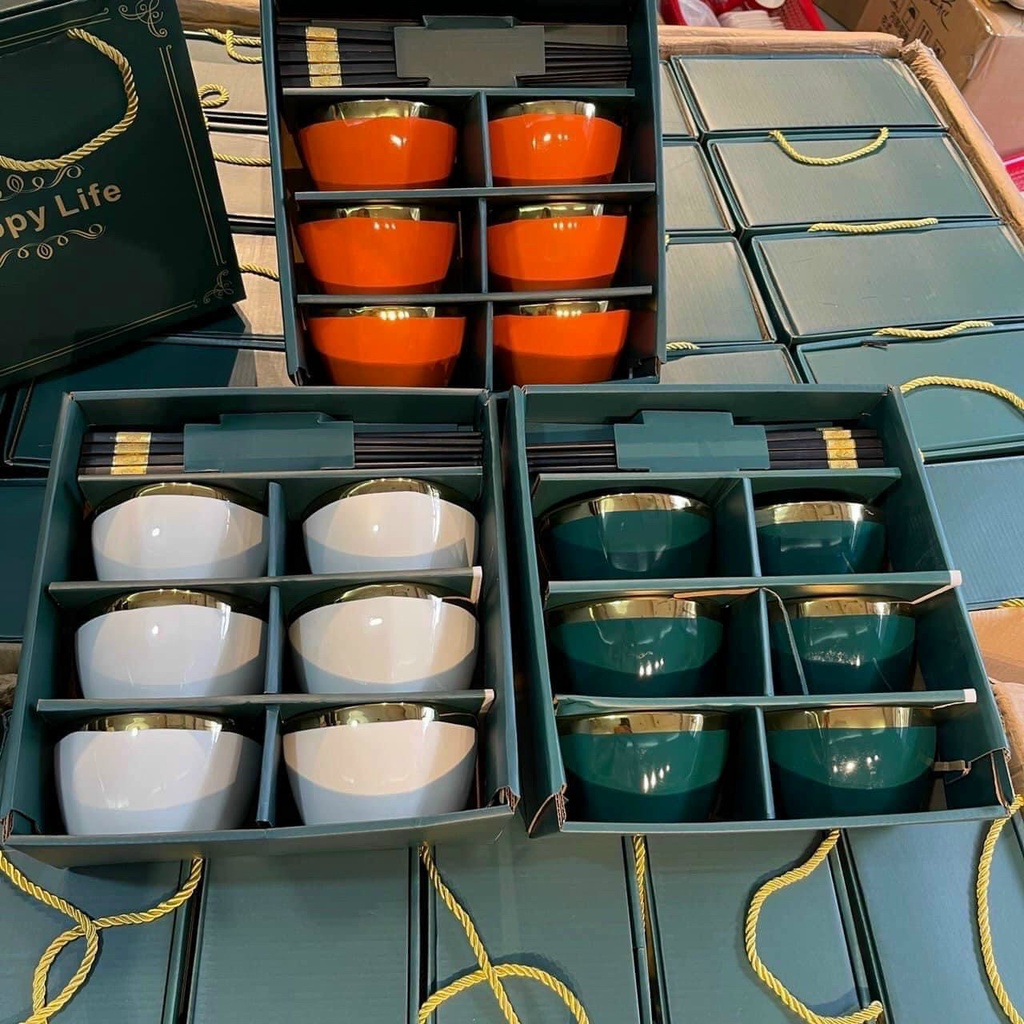 Bộ 6 Bát Sứ Viền Mạ Vàng Cao Cấp HAPPY LIFE Tặng Kèm Đũa Full Box Phong Cách Bắc Âu Cao Cấp